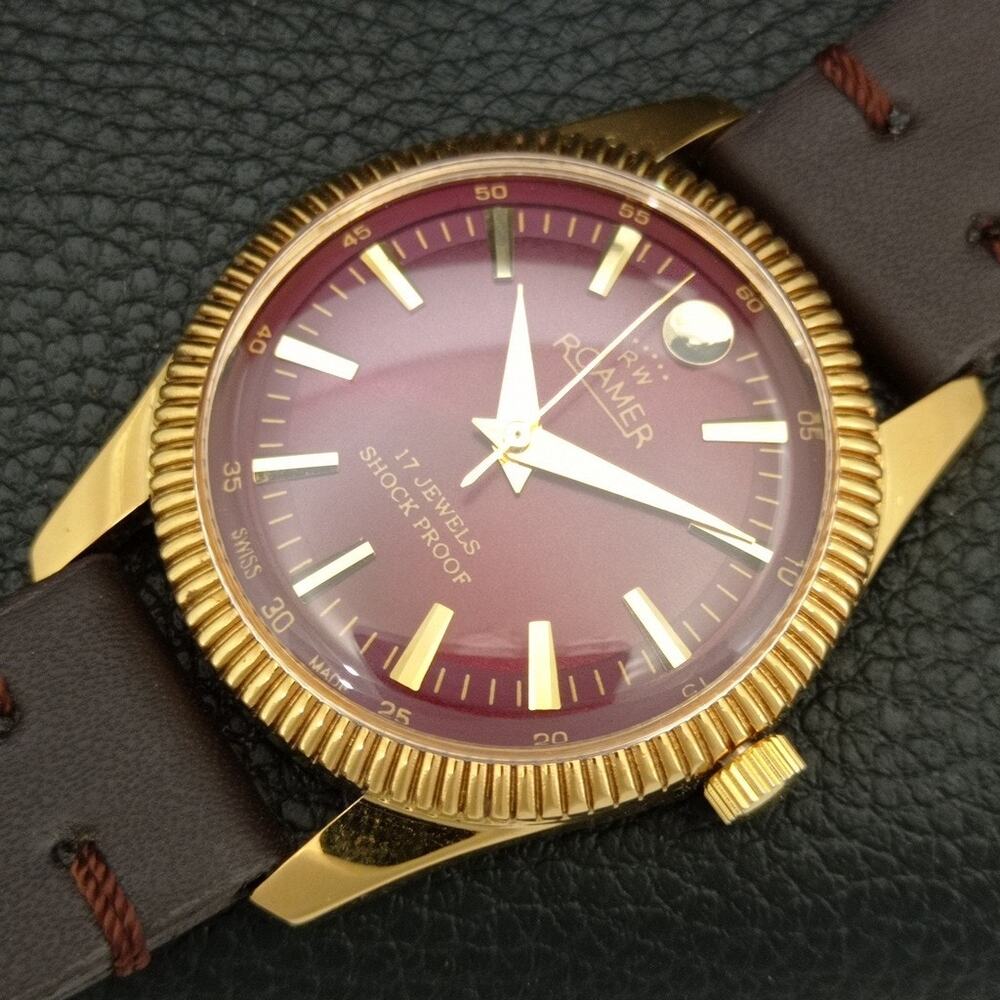 Vintage 1973 Roamer Manual Mens Gold Watch W/Leather Strap & Red accents - Picture 6 of 9